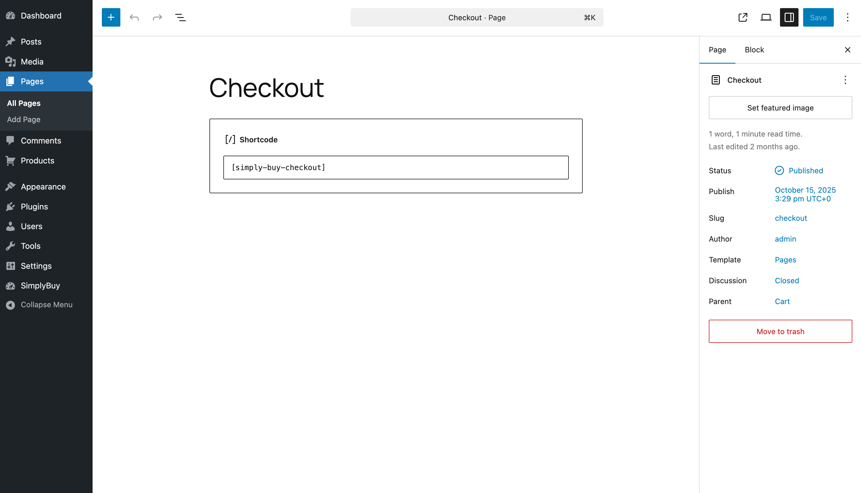 Checkout page setup – example of the Checkout page where users submit their request without payment processing.