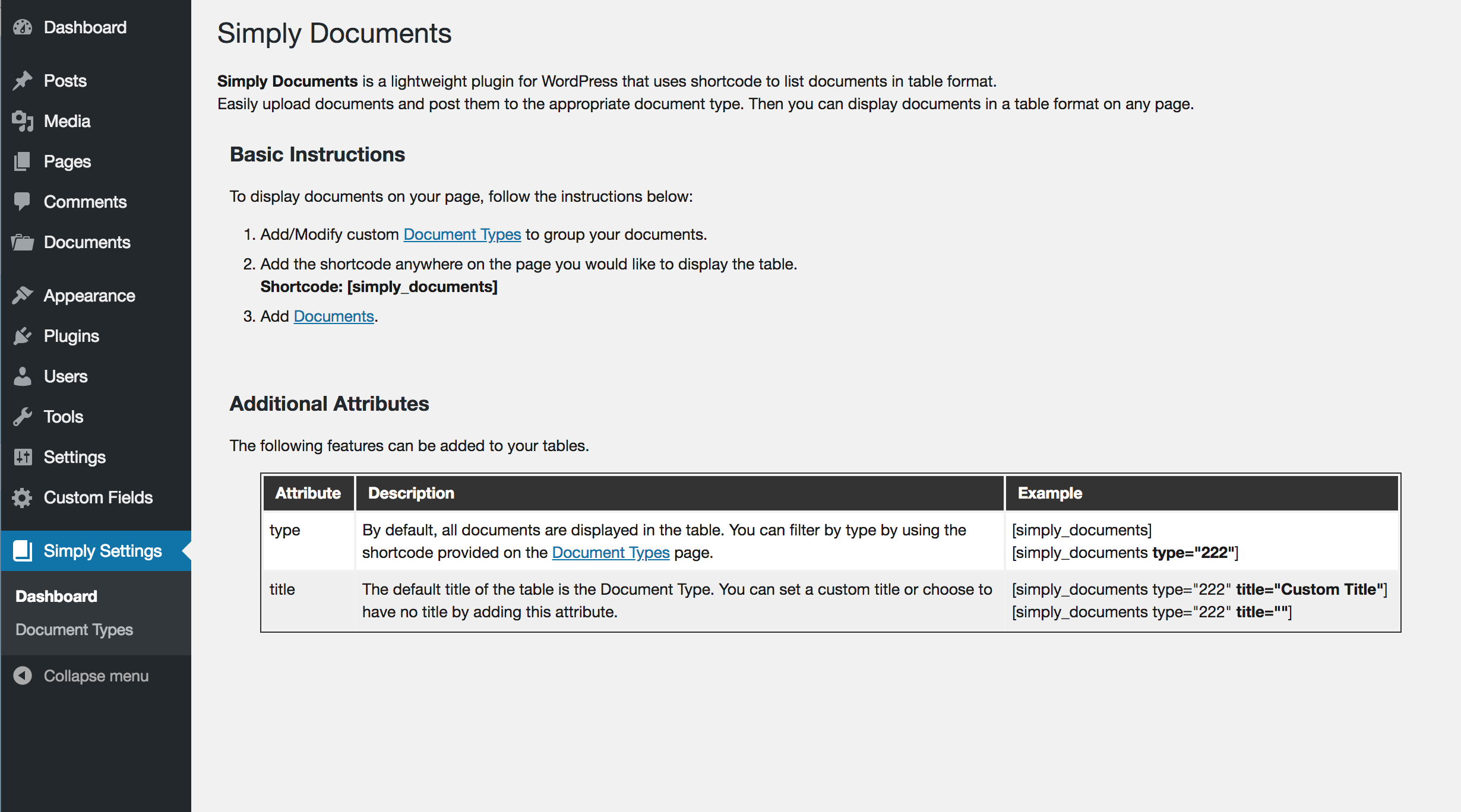 Simply Settings Admin page