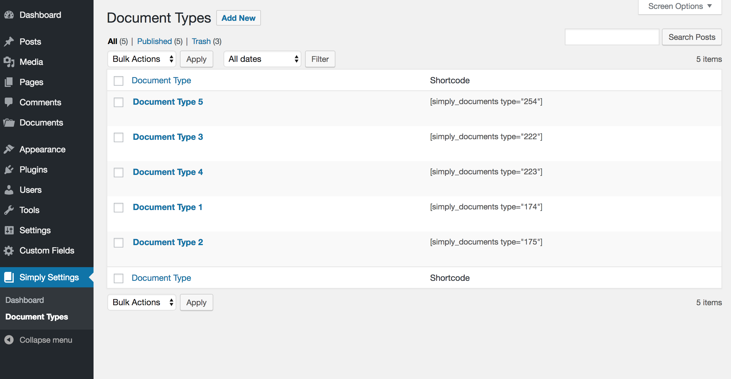 Document Type List page