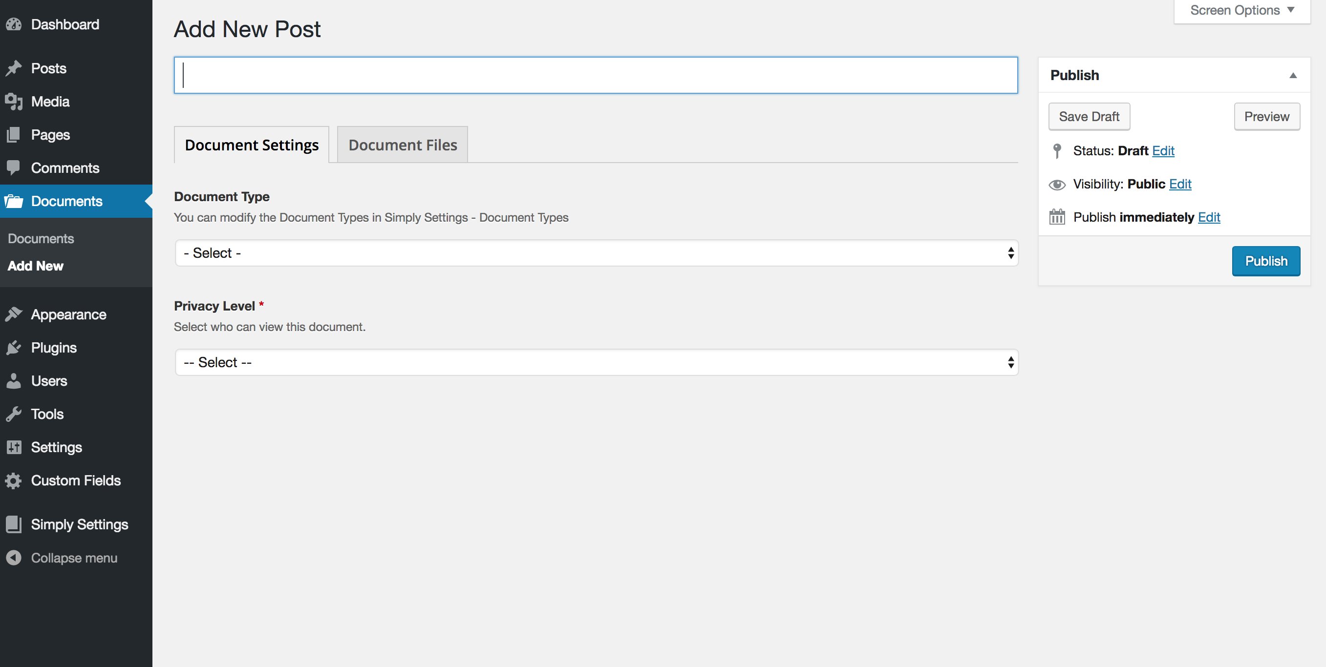 Add New Document page - Document Settings tab