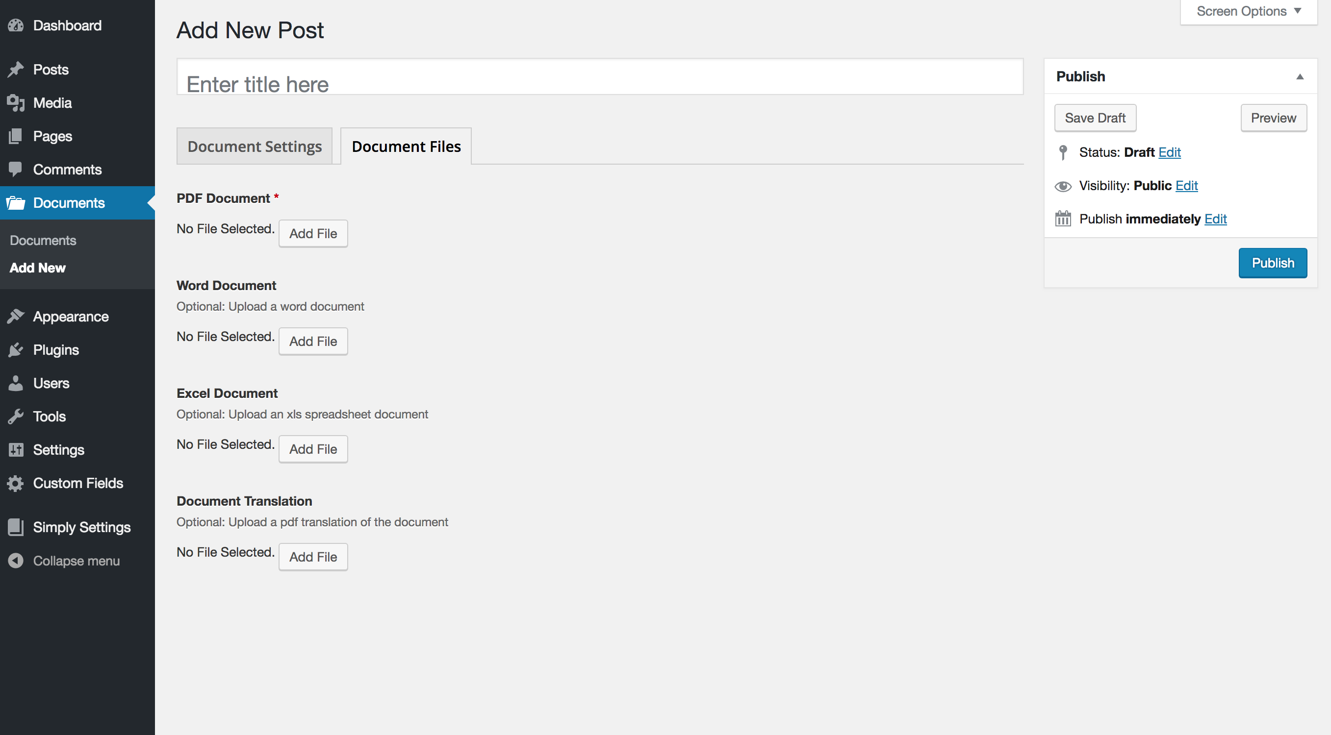 Add New Document page - Document Files tab