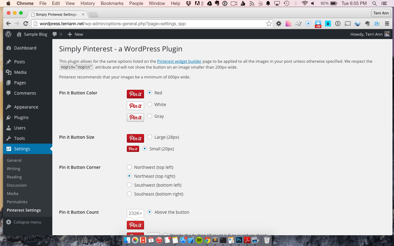 Under Settings > Pinterest Setting you'll find a number of options to choose for your default settings
