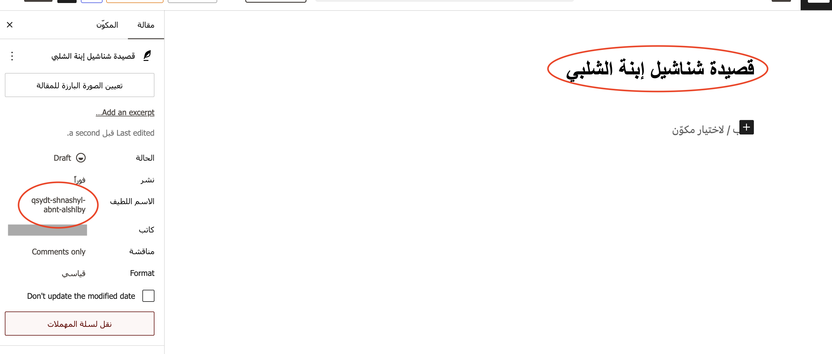 screenshot-2.png - The slug of a post with an Arabic title with the transliteration option selected