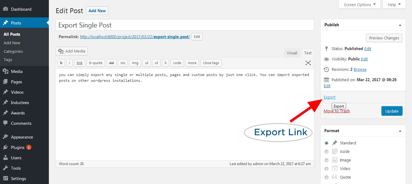Export link on edit screen.