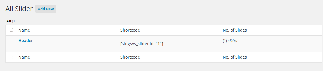 View all slider find shortcode under each slider [singsys_slider id="{slider_id}"]