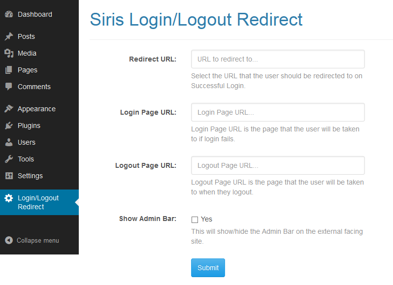 Siris Login Logout Redirect set up screen