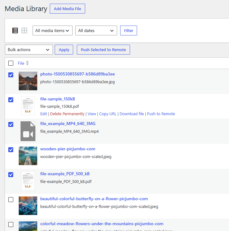Select and push multiple Media Library items to the connected website.