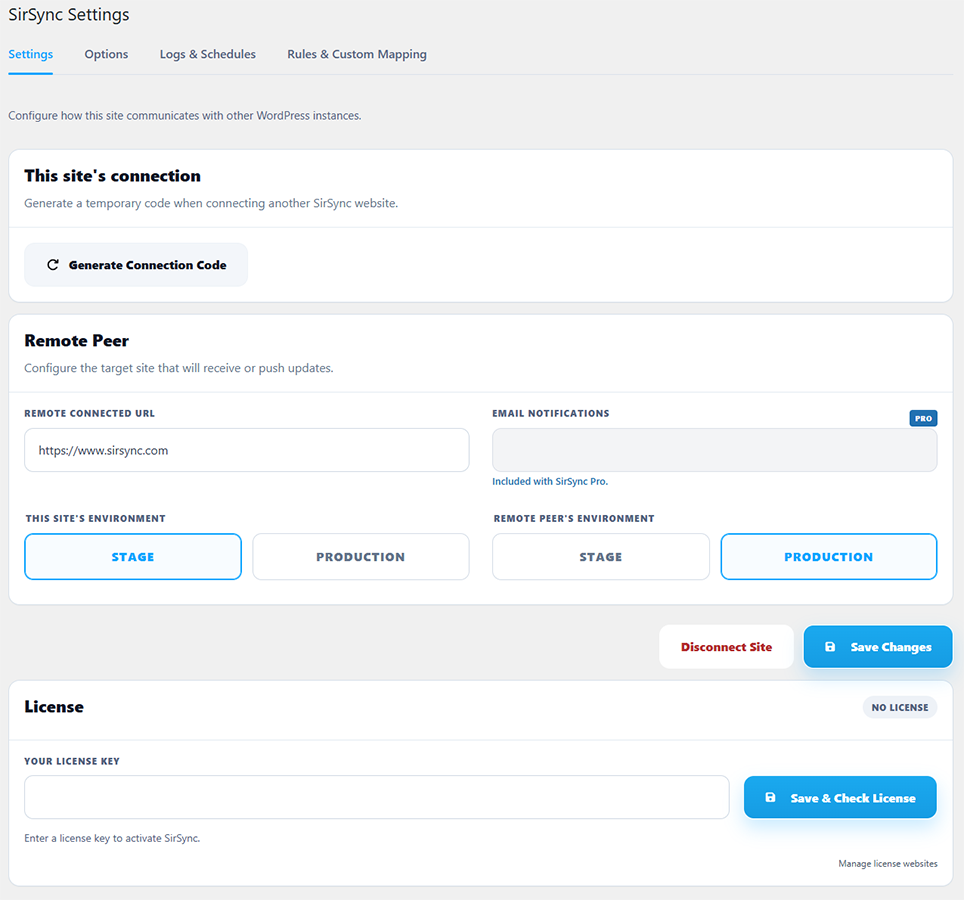 Pair staging and production websites using SirSync's secure connection settings.