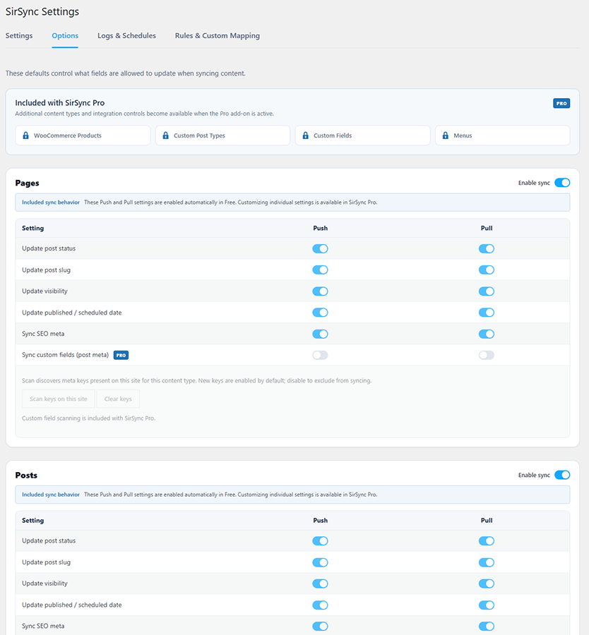 Configure which page and post properties are updated during Push and Pull operations.