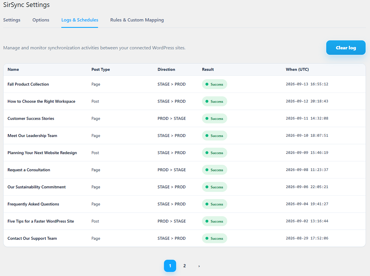 Review successful deployments with content names, directions, results, and timestamps.