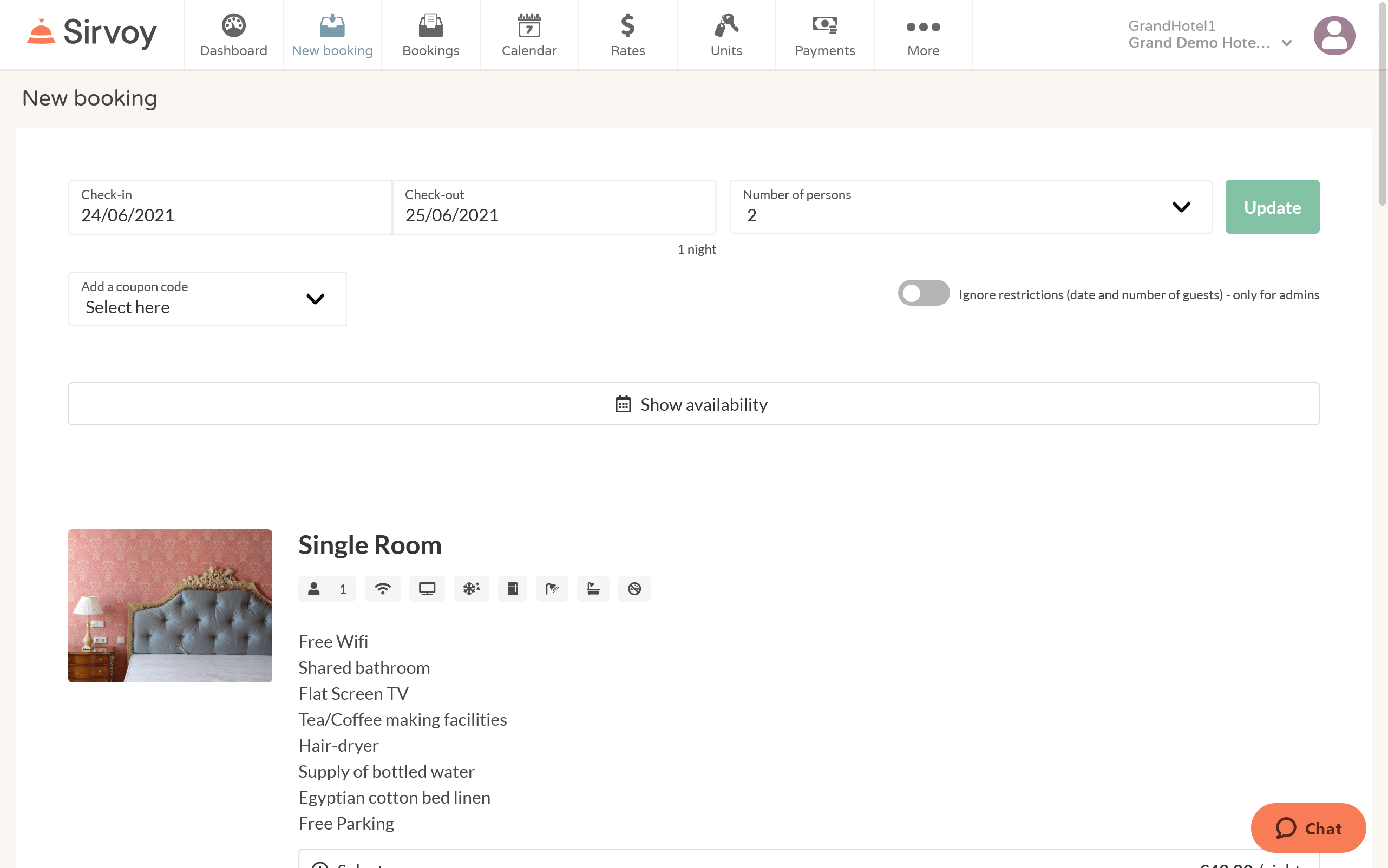 New booking page as seen for hotel staff creating bookings.