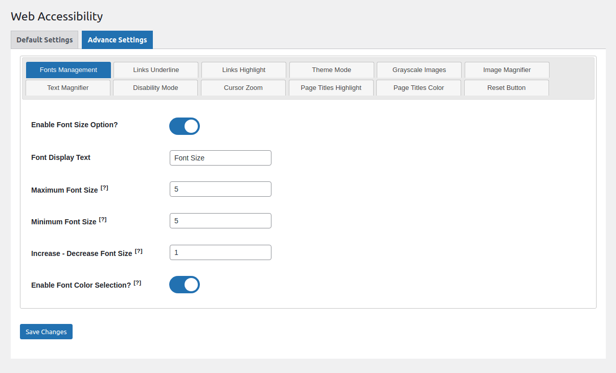 Backend :: Advance settings page