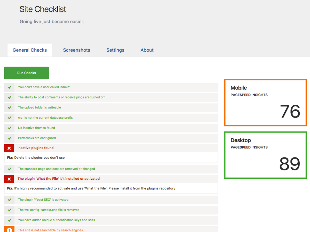 Checklist page after running the checks.