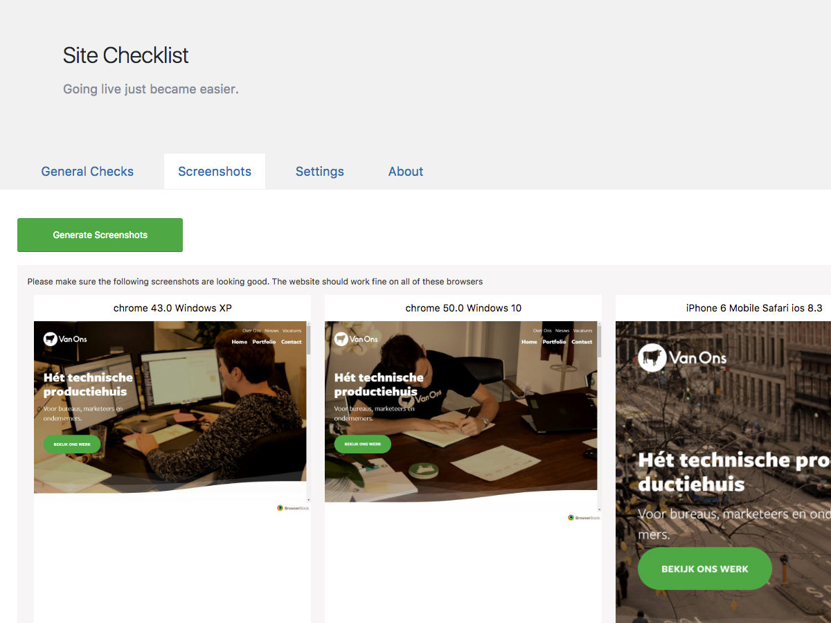 Generated screenshots using Browserstack