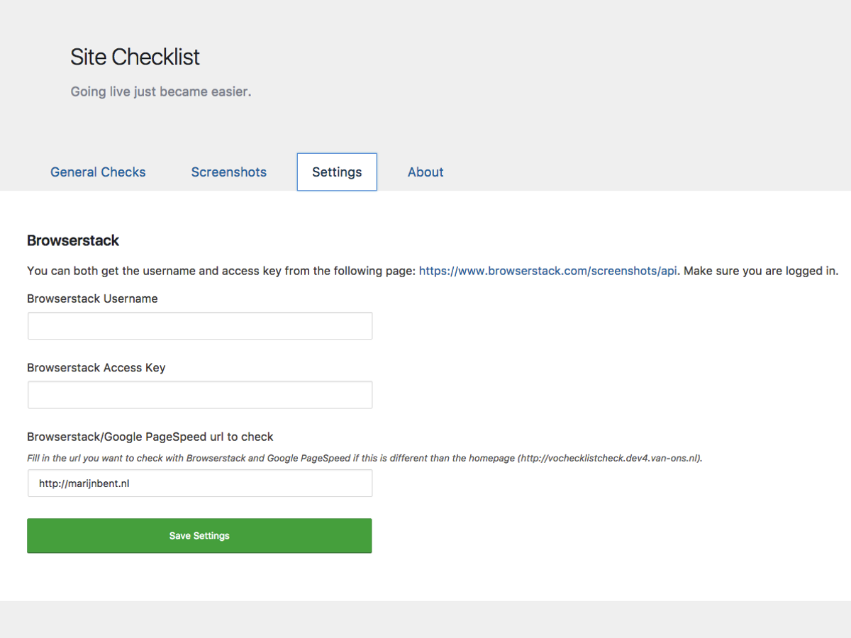 Settings page