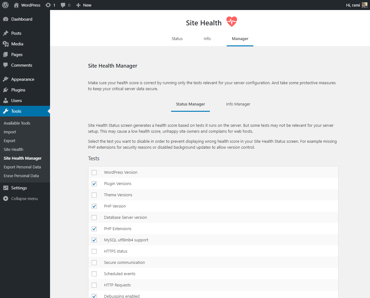 Site Health Manager - status manager screen.