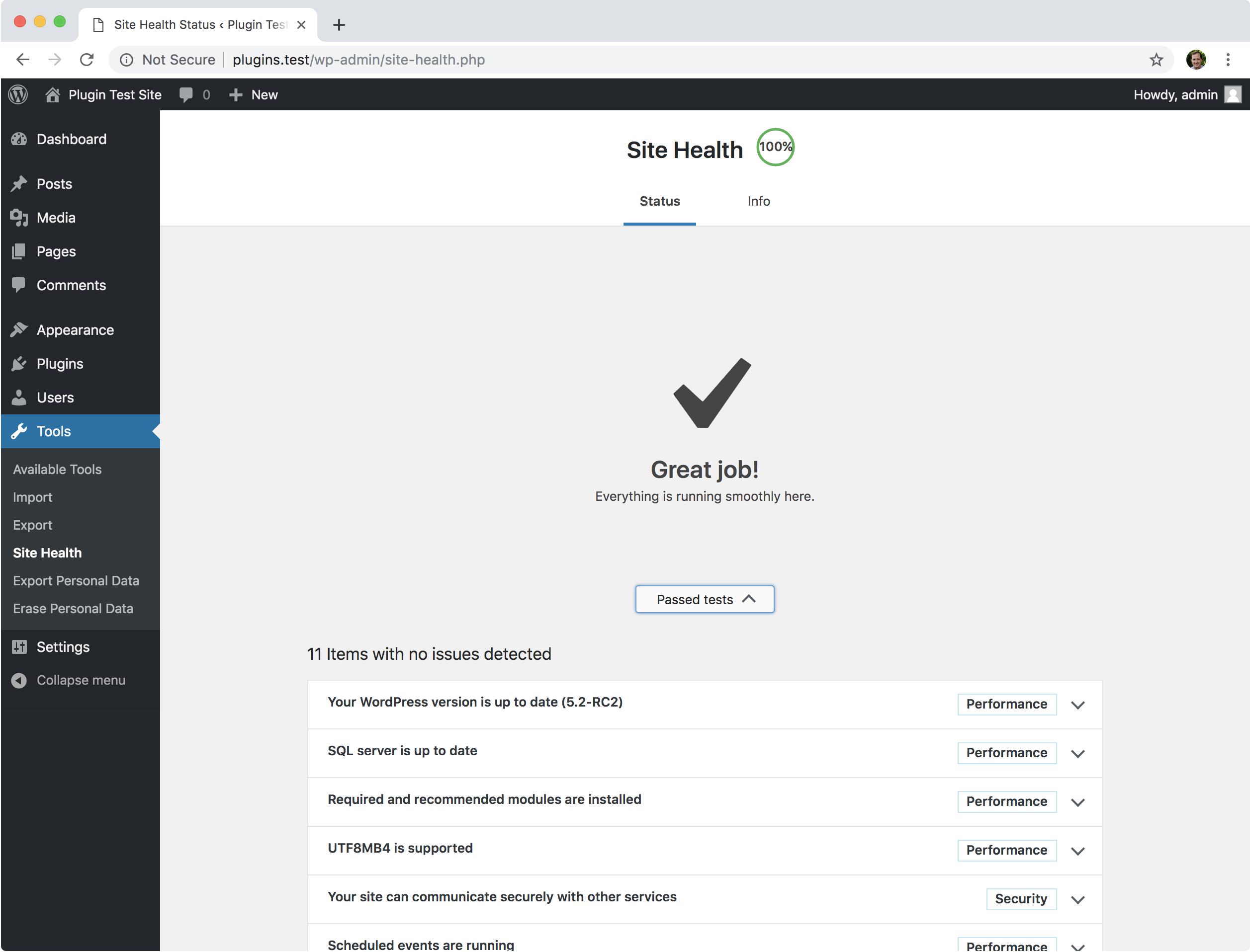 Disabled tests are not run on the Site Health screen