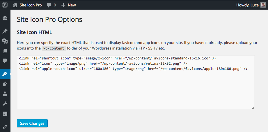The settings page. You can specify the exact HTML used to display your Site Icons.