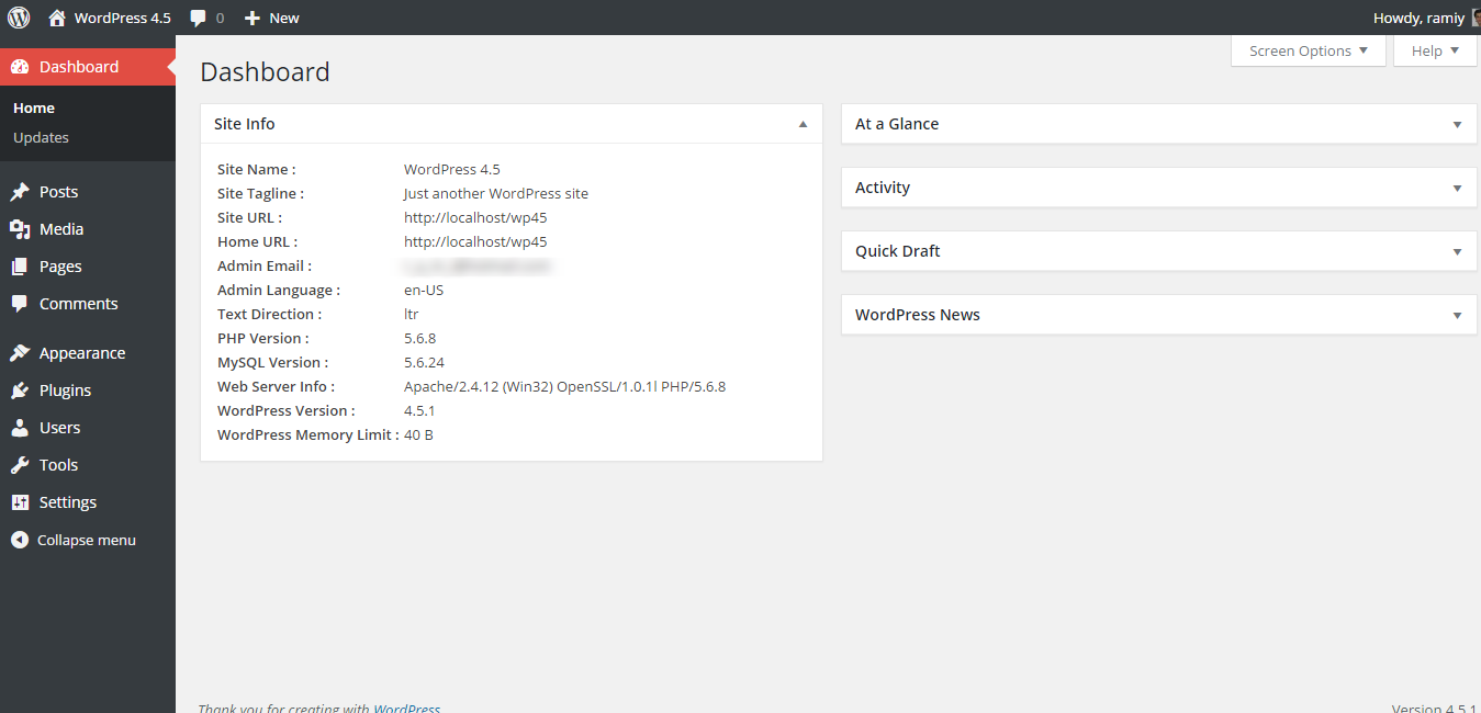 WordPress dashboard with the "Site Info" widget.