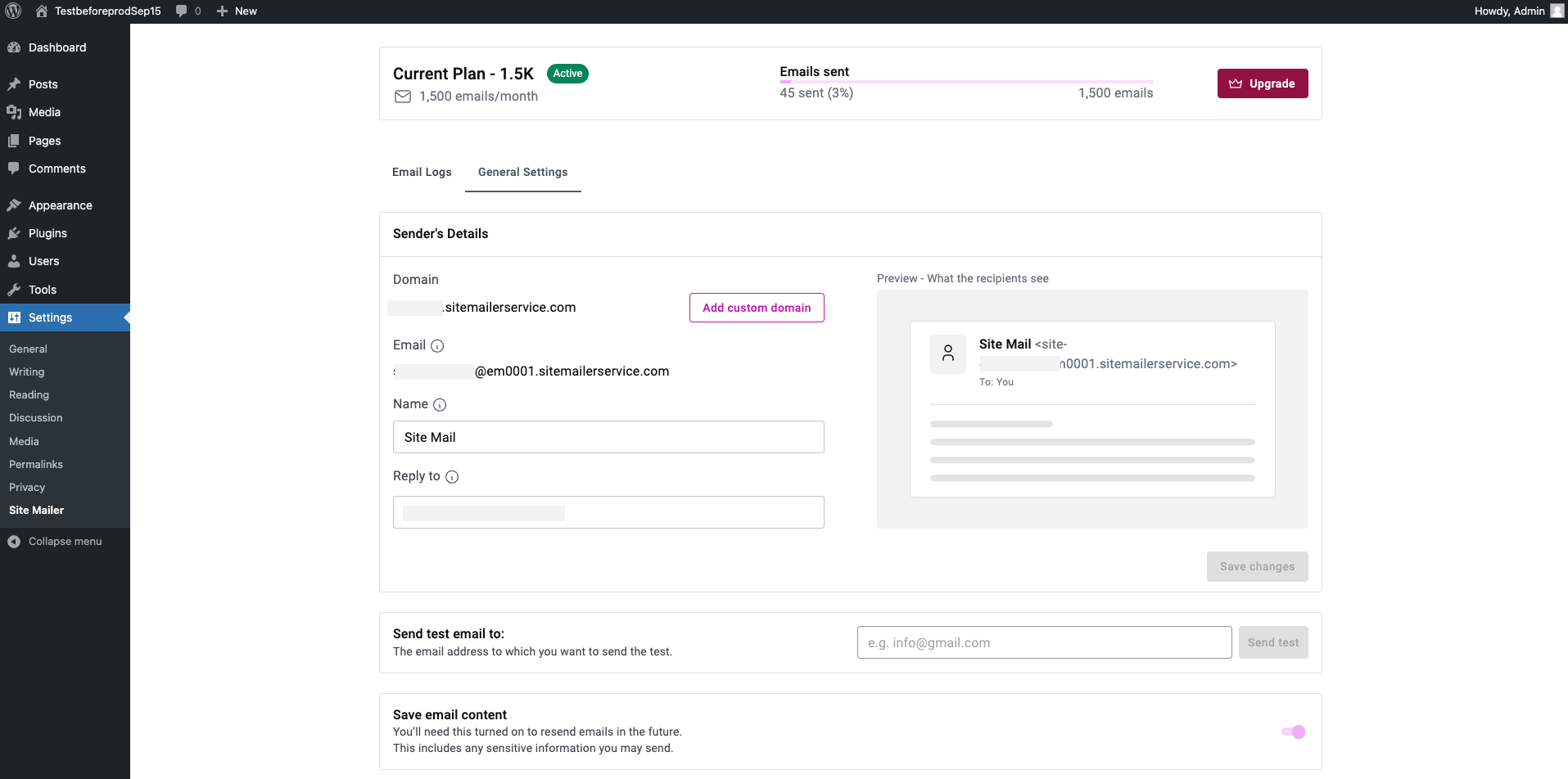 Settings- configure your sender details. You can add a custom domain, send test emails, and save content for future resends.