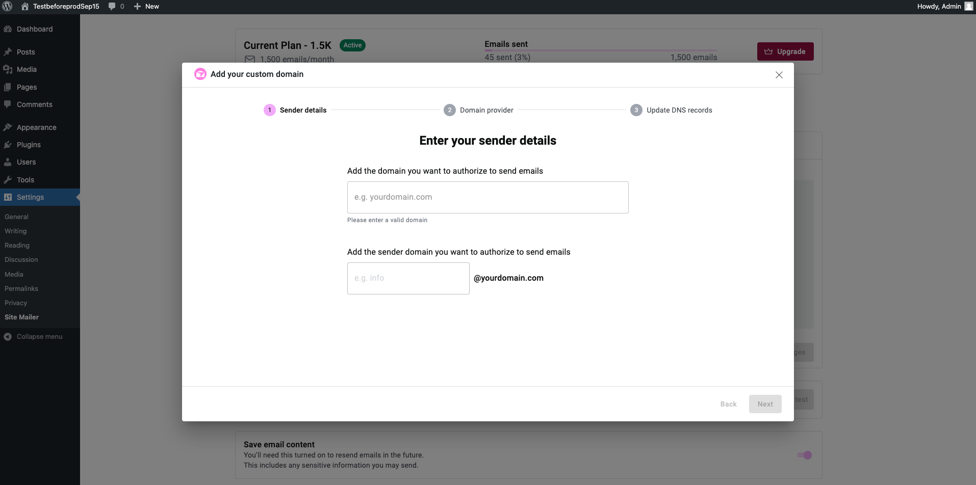 Custom Domain Authentication Wizard - Guides you through adding a custom domain.