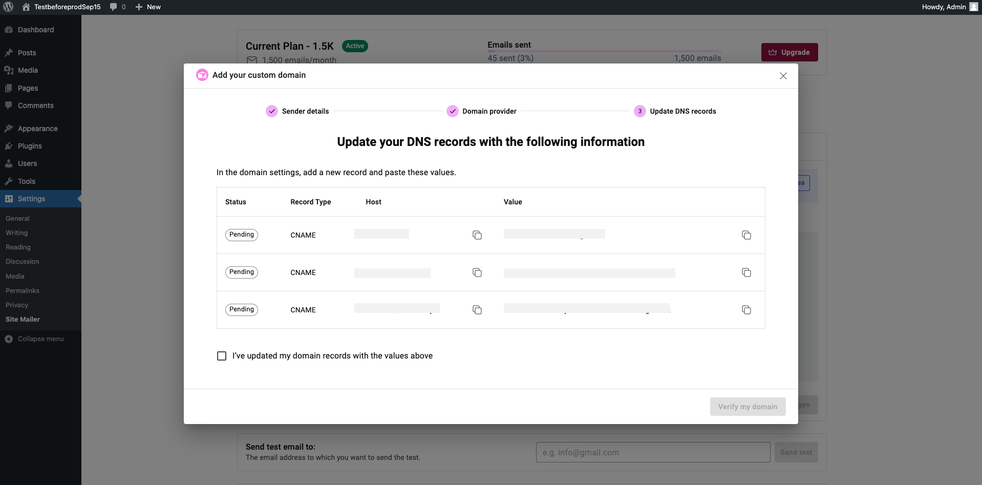 Custom Domain Authentication Wizard - Guides you through adding a custom domain with DNS settings.