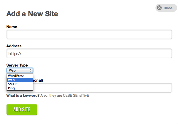 The Site Sensor service dashboard allows you to add new checks.