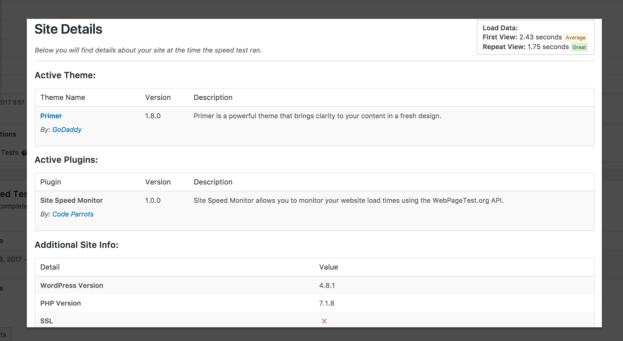 Site Speed Monitor - Test Results - Site Details Modal