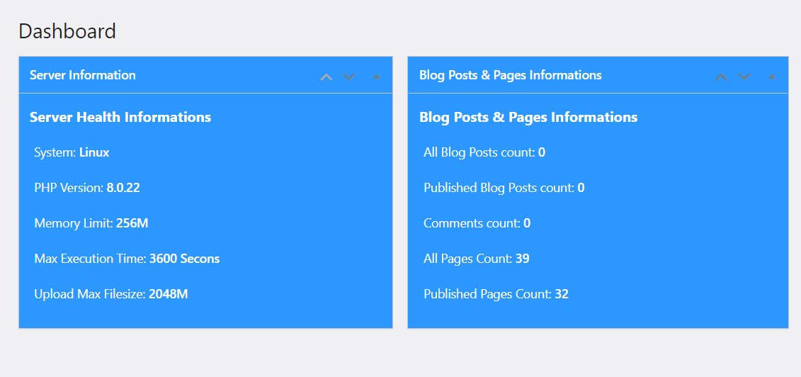 This screenshot (screenshot-1.jpg) shows dahboard views for Server Information, Blog Posts & Pages Informations & Woocommerce information boxes.
