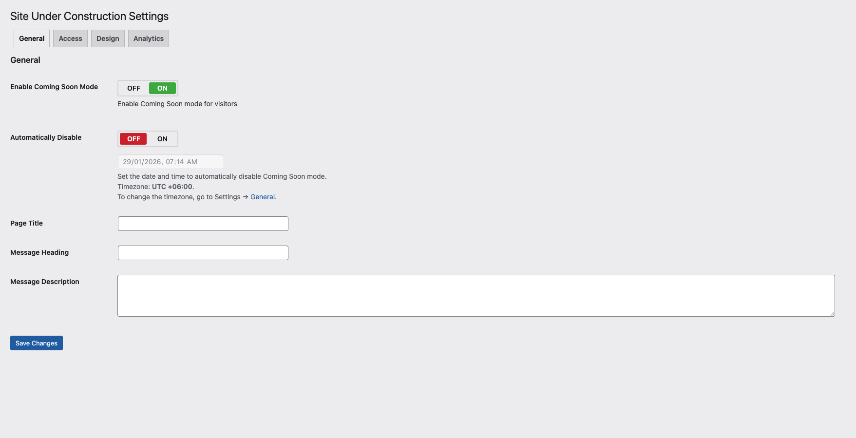 General settings options.