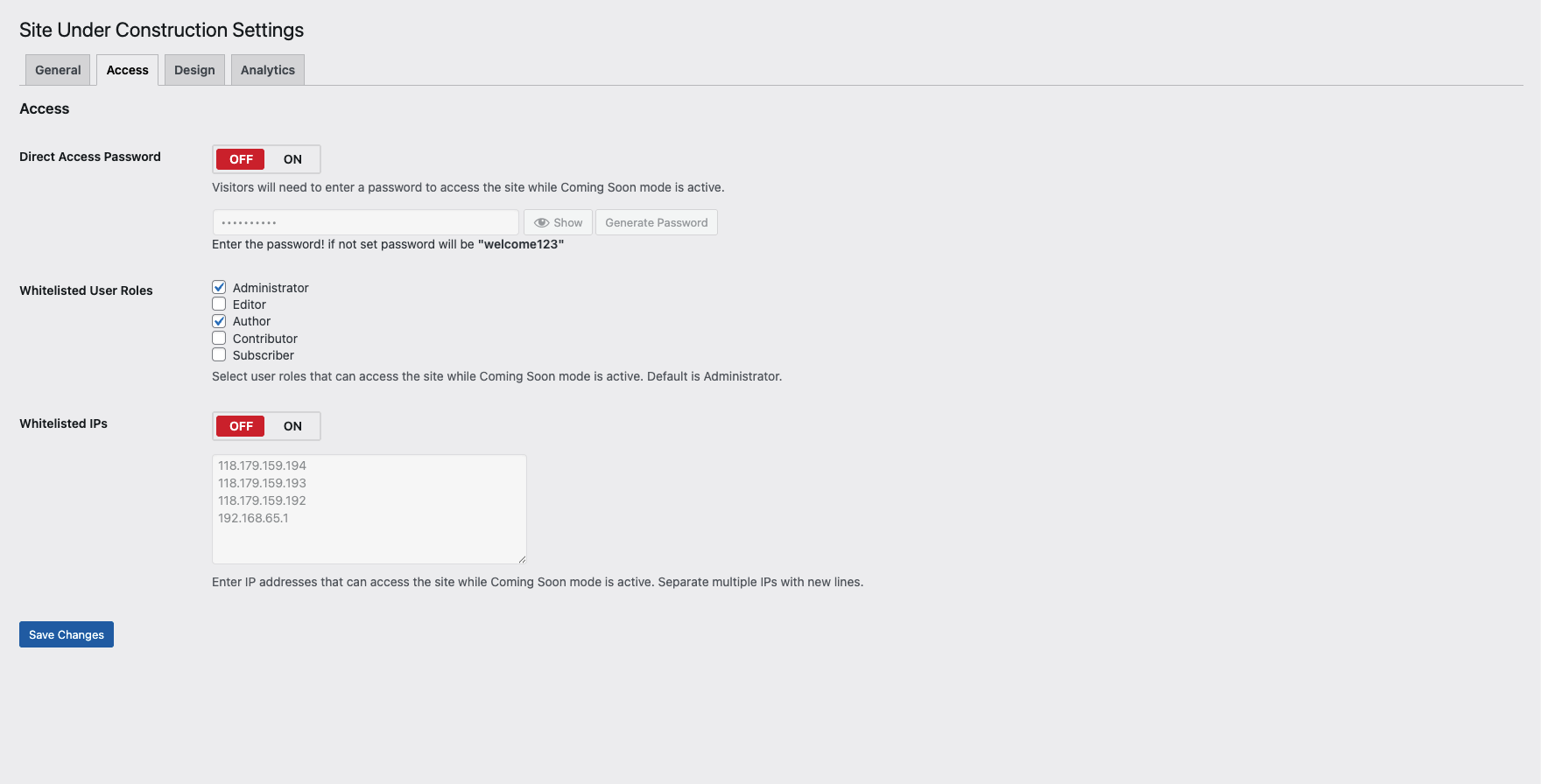 Access control settings (roles, IPs, password).