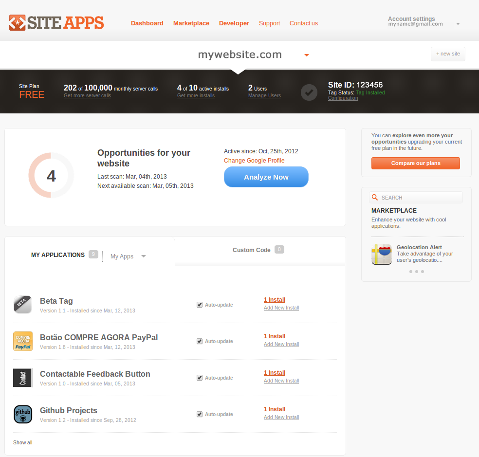 Your dashboard in SiteApps shows your applications, analysis, and other information.