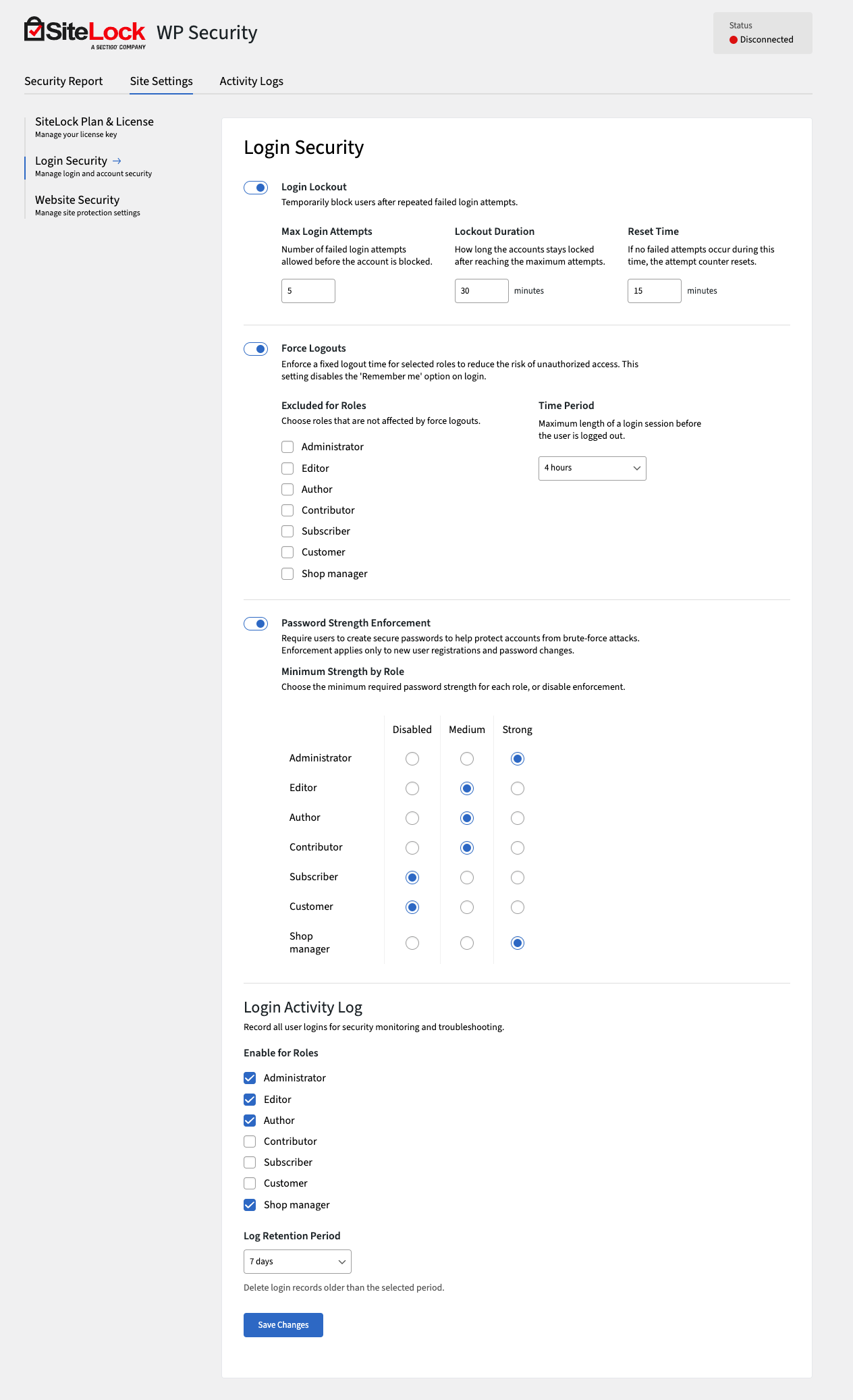 **Login Security** — brute-force defense, password hygiene and session timeouts