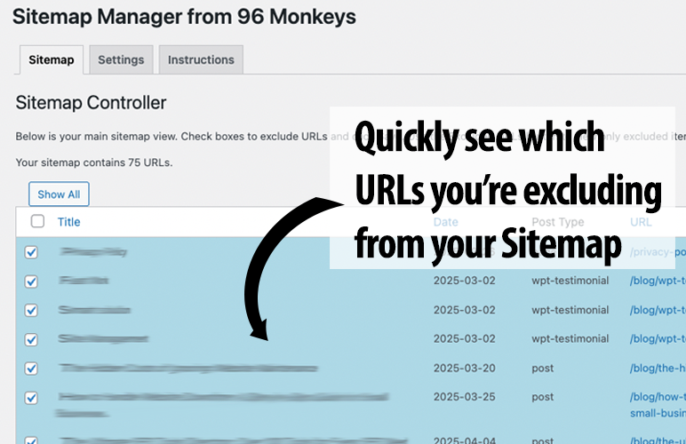 Quickly exclude URLs from the sitemap.
