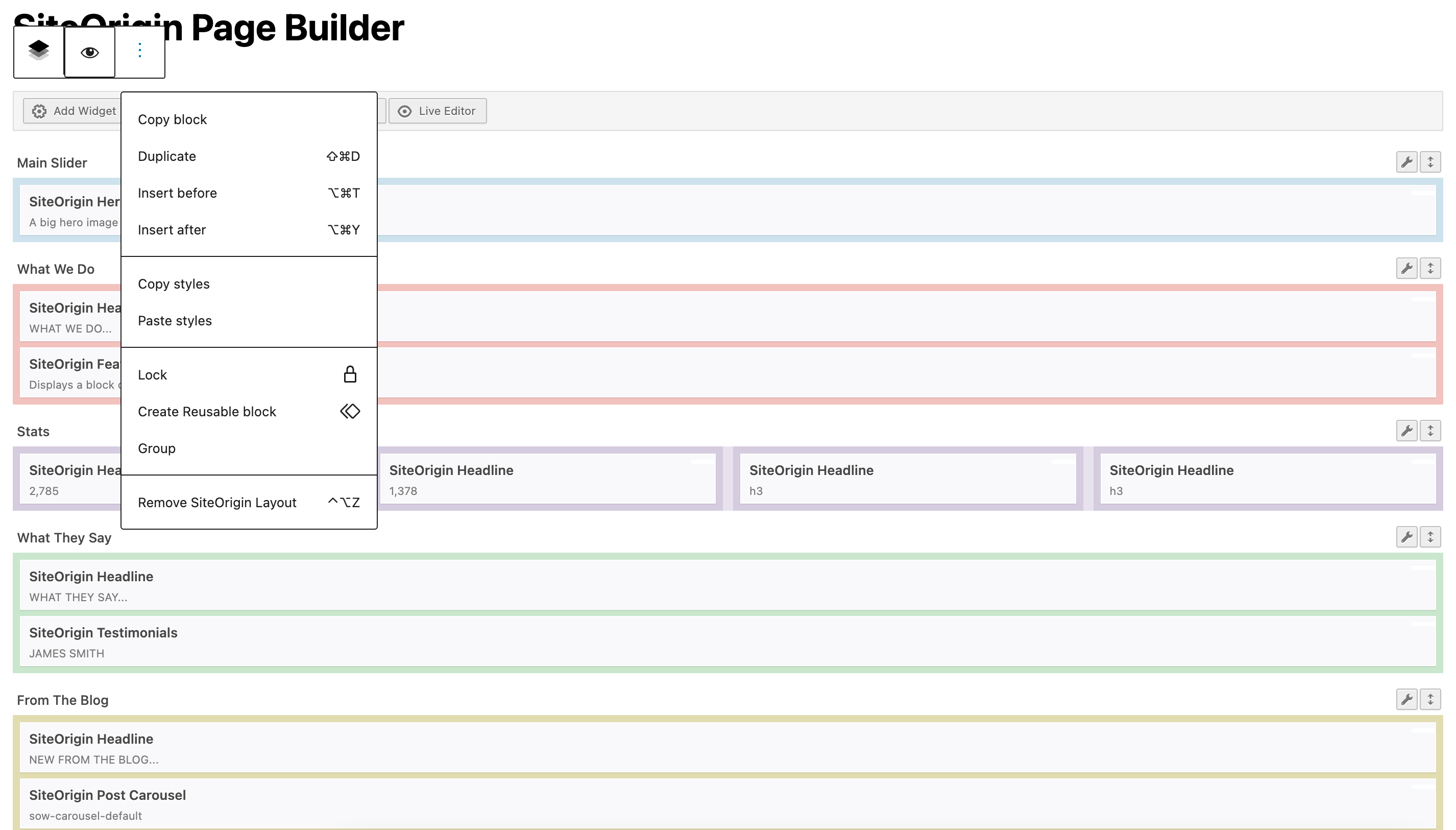 Editing a Page Builder Layout Block in the Block Editor.
