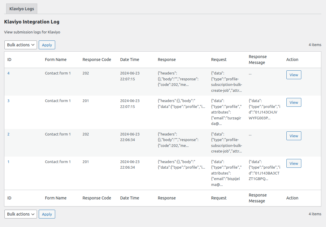 Klaviyo Submission Logs