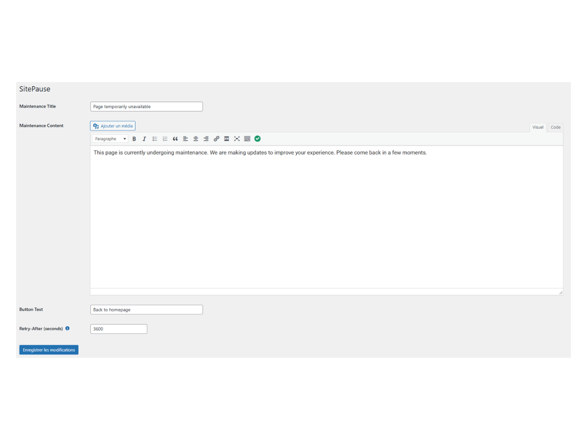 Configure maintenance title and message from the plugin settings