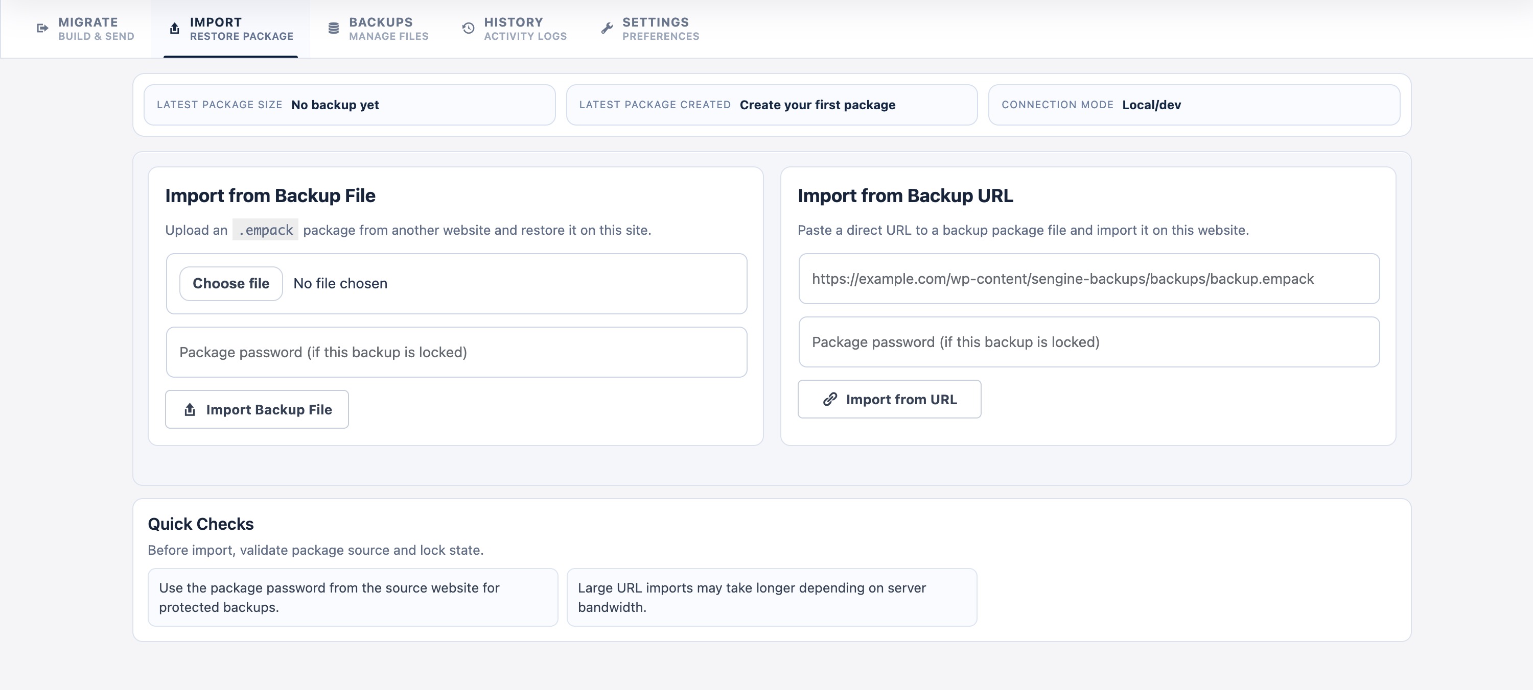 Import tab: import from backup file or backup URL.
