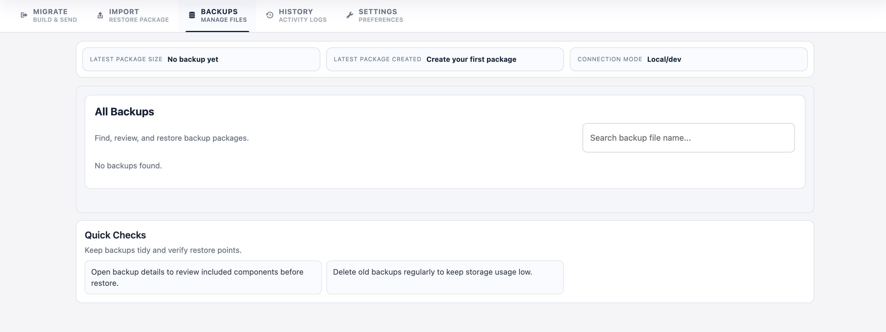 Backups tab: list backups with restore and details actions.
