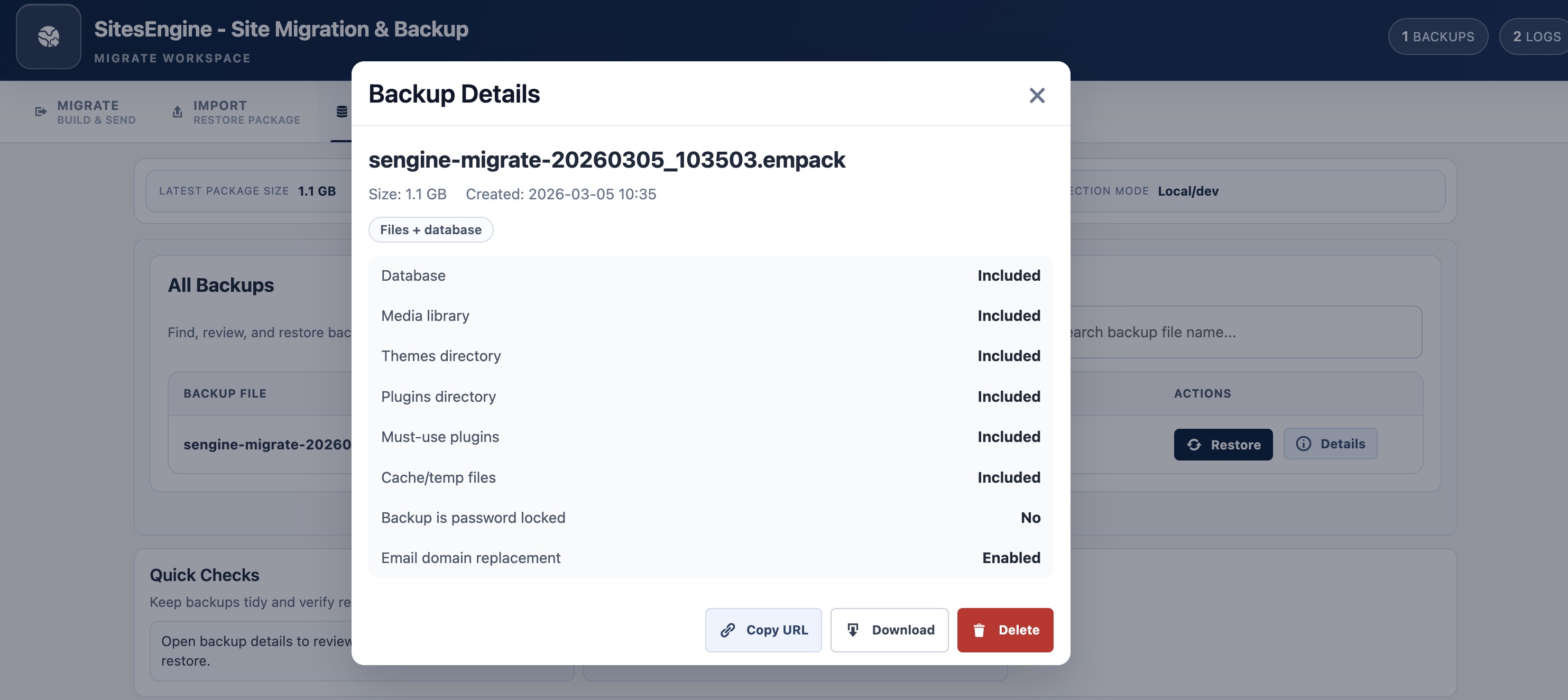 Backup Details modal: see package contents, lock status, and actions.