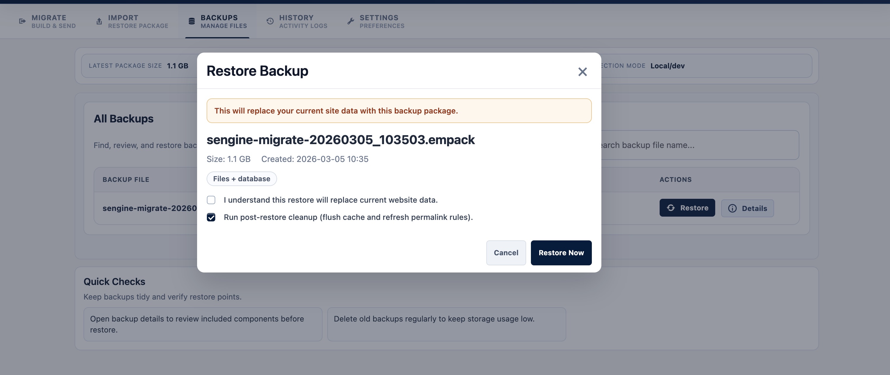 Restore confirmation modal with progress steps.