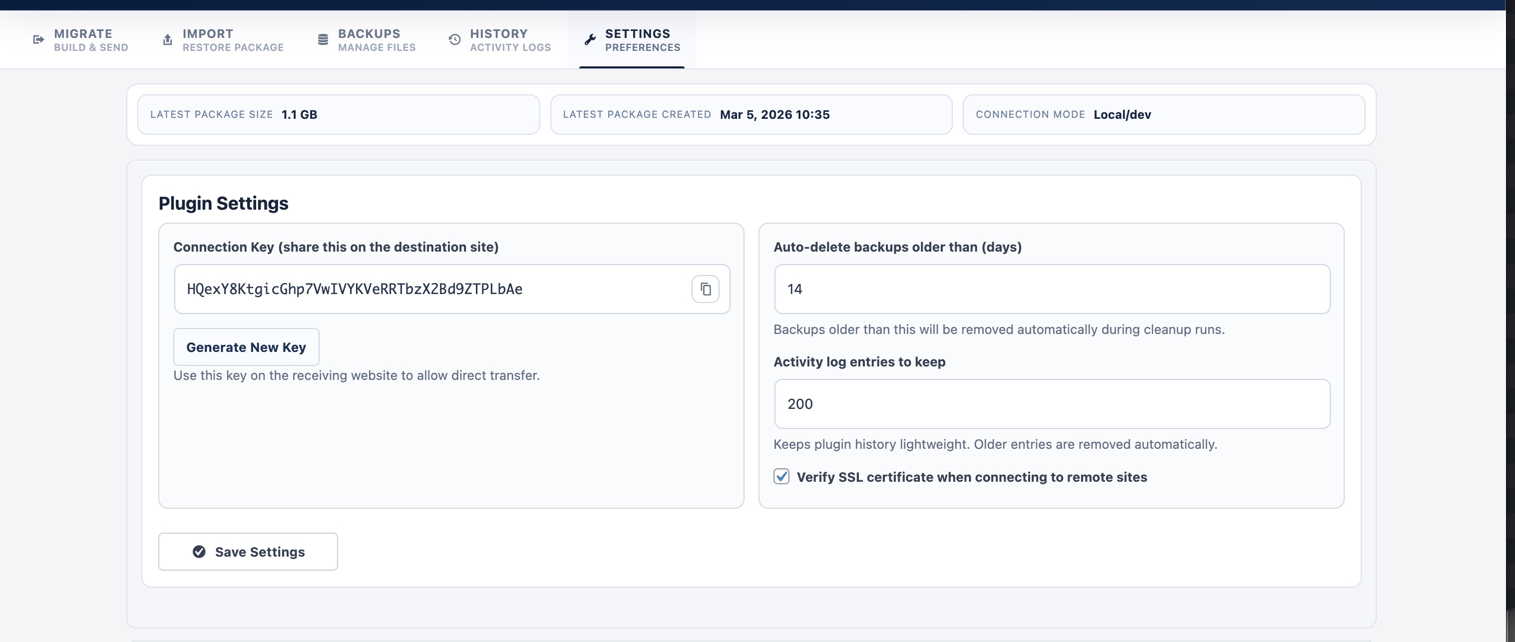 Settings tab: connection key, retention policy, SSL verification, and history limits.
