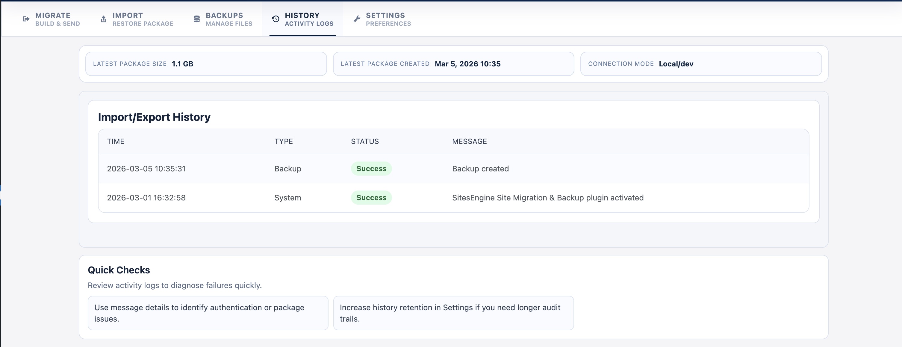 History tab: activity log of backup, import, migration, and restore events.