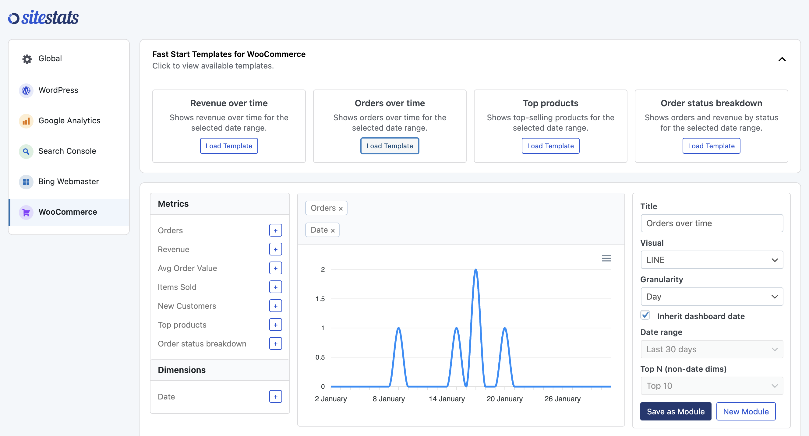 WooCommerce module builder showing templates