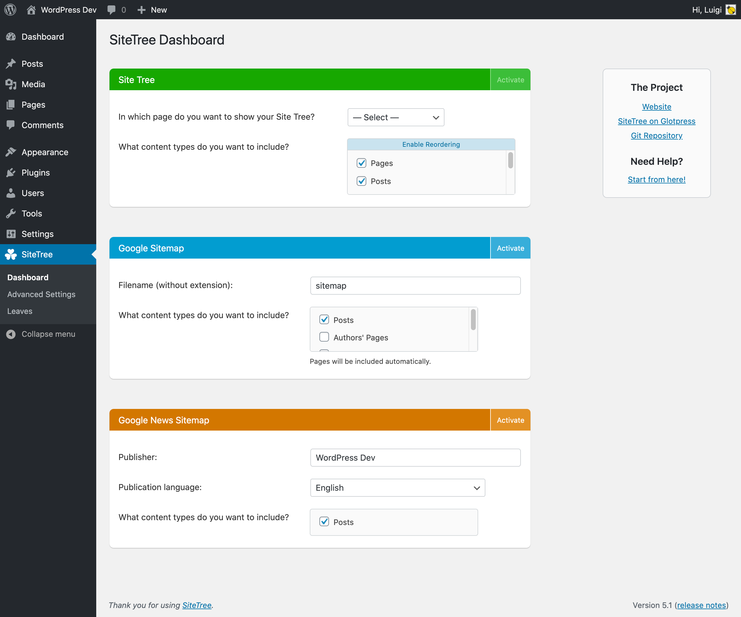 The SiteTree Dashboard.