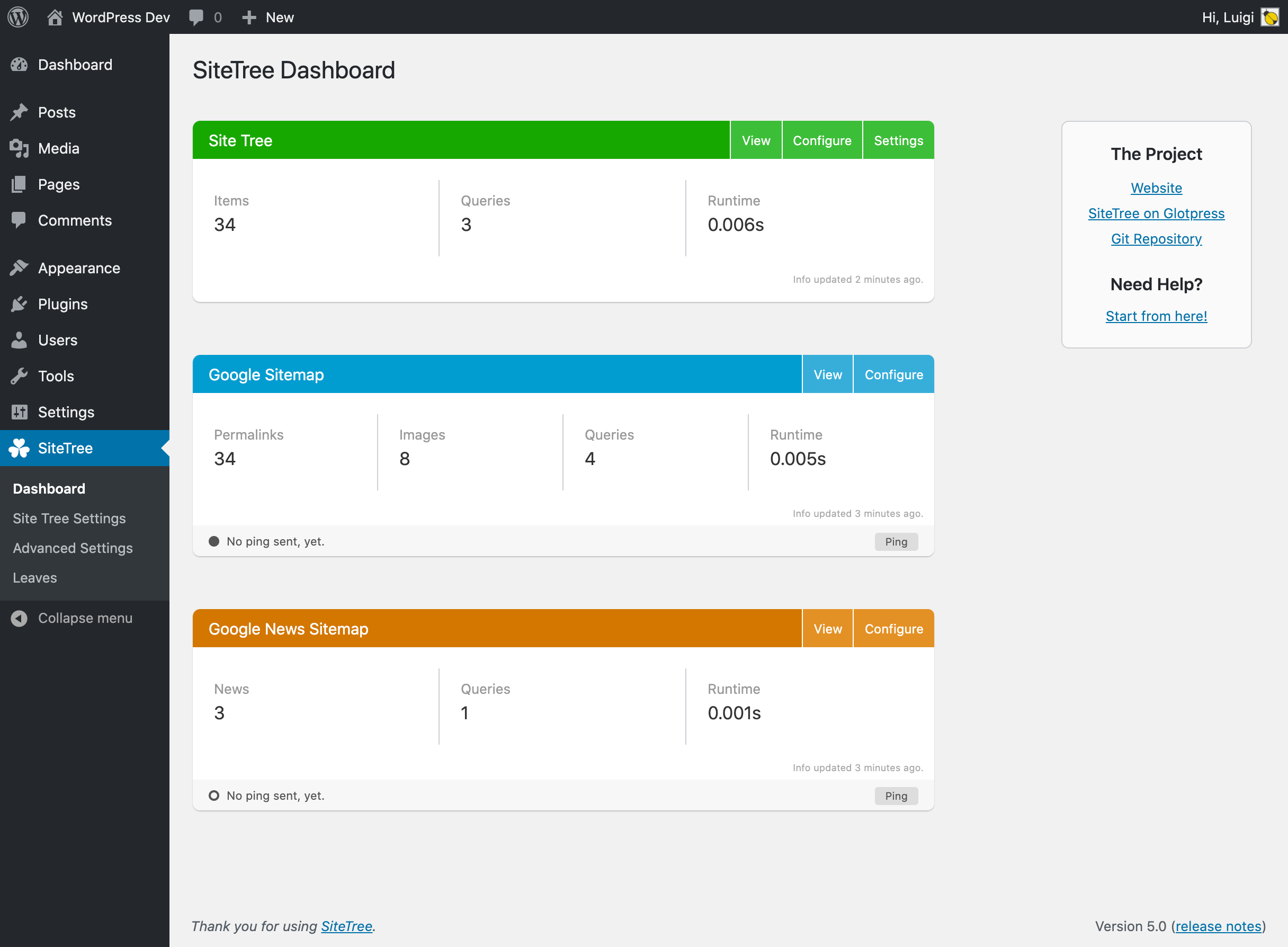 The SiteTree Dashboard when the sitemaps are active.