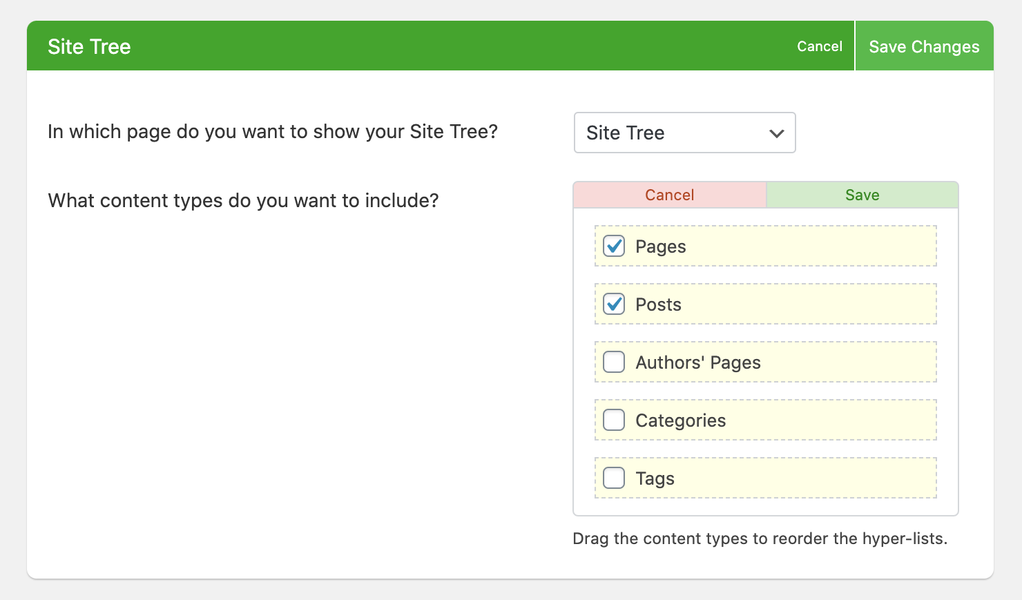 Drag-and-drop reordering of the hyper-lists composing the Site Tree.