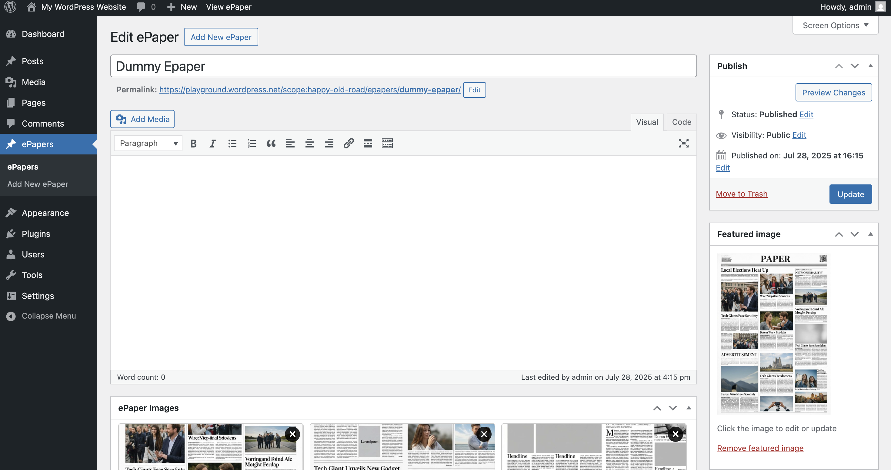 Admin: Add New ePaper – upload multiple images or a PDF file.
