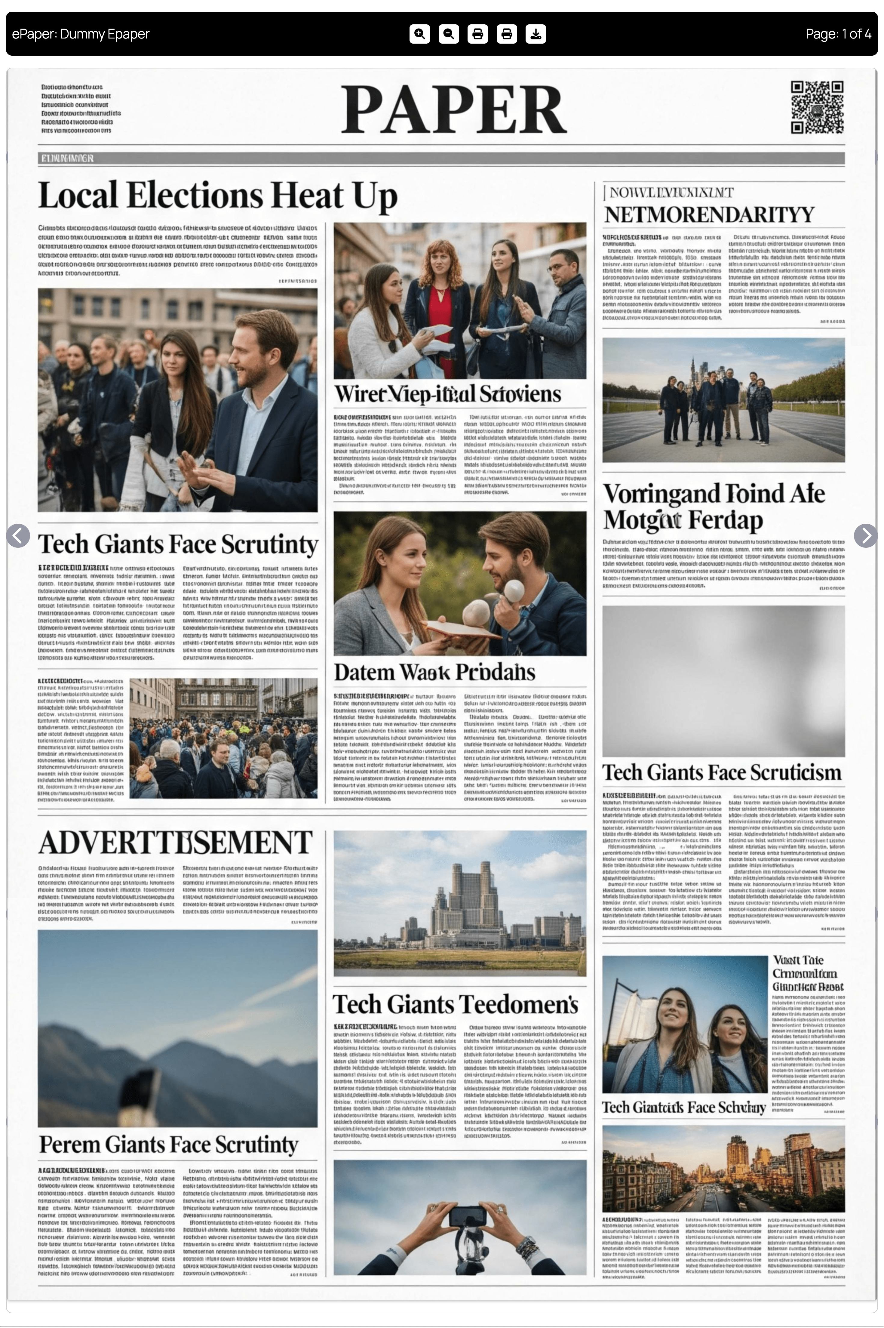 Frontend: Single ePaper view with zoom, print, and download features.