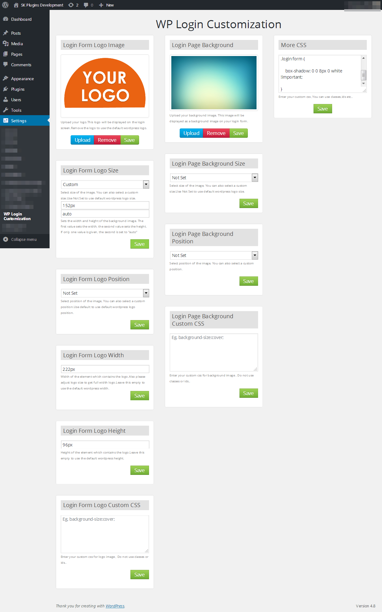 The plugin customization area.
